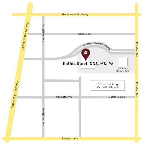 Kathia Steel DDS Office Map | Oral Health | Dallas Prosthodontist | Dr. Kathia Steel DDS, MS, PA